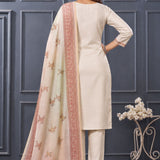 Back view of women’s beige 3-piece silk blend kurta set with matching pants and printed dupatta.