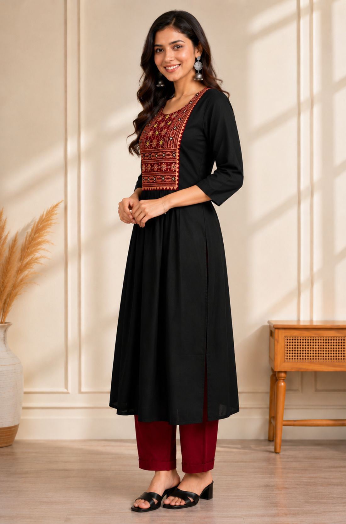 Side view of black hand embroidered A-line rayon kurta for women with block print yoke