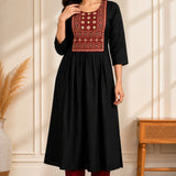 Black hand embroidered block print A-line rayon kurta for women with mirror work