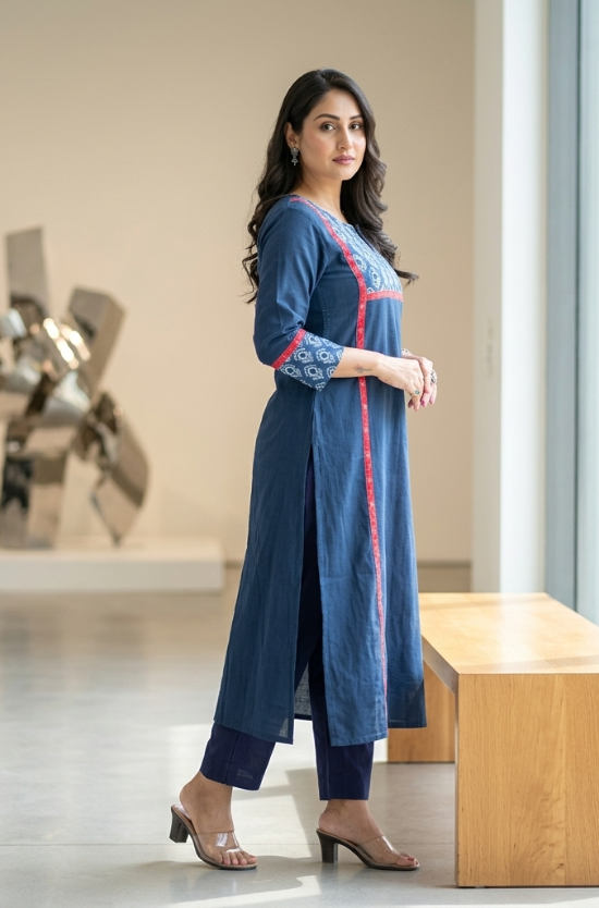 Side profile of a woman showcasing the side slits and red piping design on a beautiful blue long kurti.