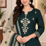 Bottle green embroidered kurta set for women with Aari work and printed Chanderi dupatta