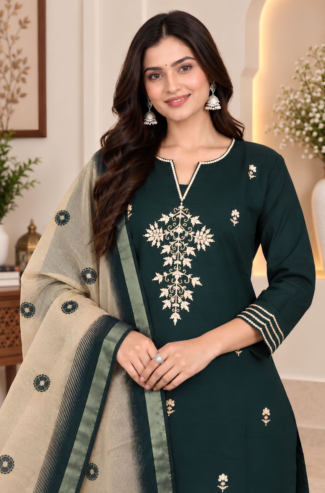 Bottle green embroidered kurta set for women with Aari work and printed Chanderi dupatta
