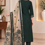 Back view of bottle green silk blend kurta pant set for women with printed Chanderi dupatta