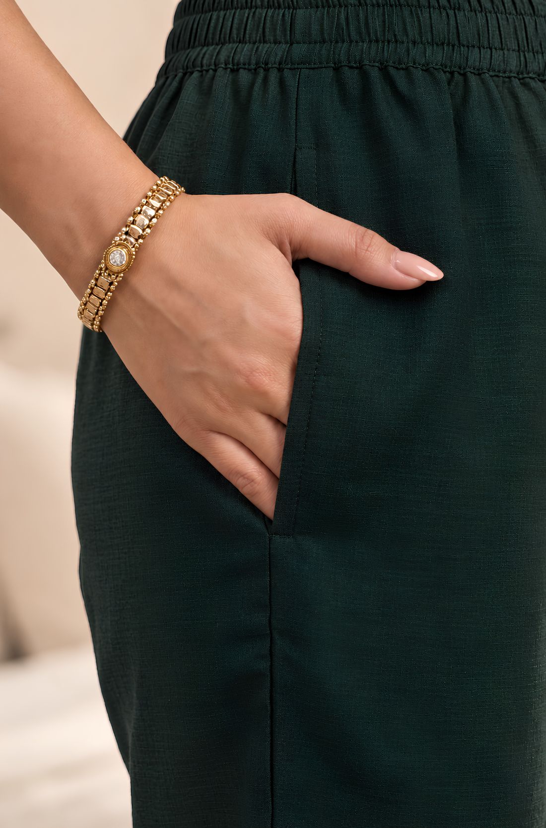 Bottle green kurta set matching pants with elasticated waist and functional side pocket