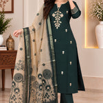 Bottle green silk blend kurta pant set for women with embroidered kurta and Chanderi dupatta