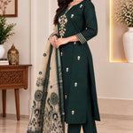 Bottle green straight kurta pant set for women with Aari embroidery and Chanderi dupatta