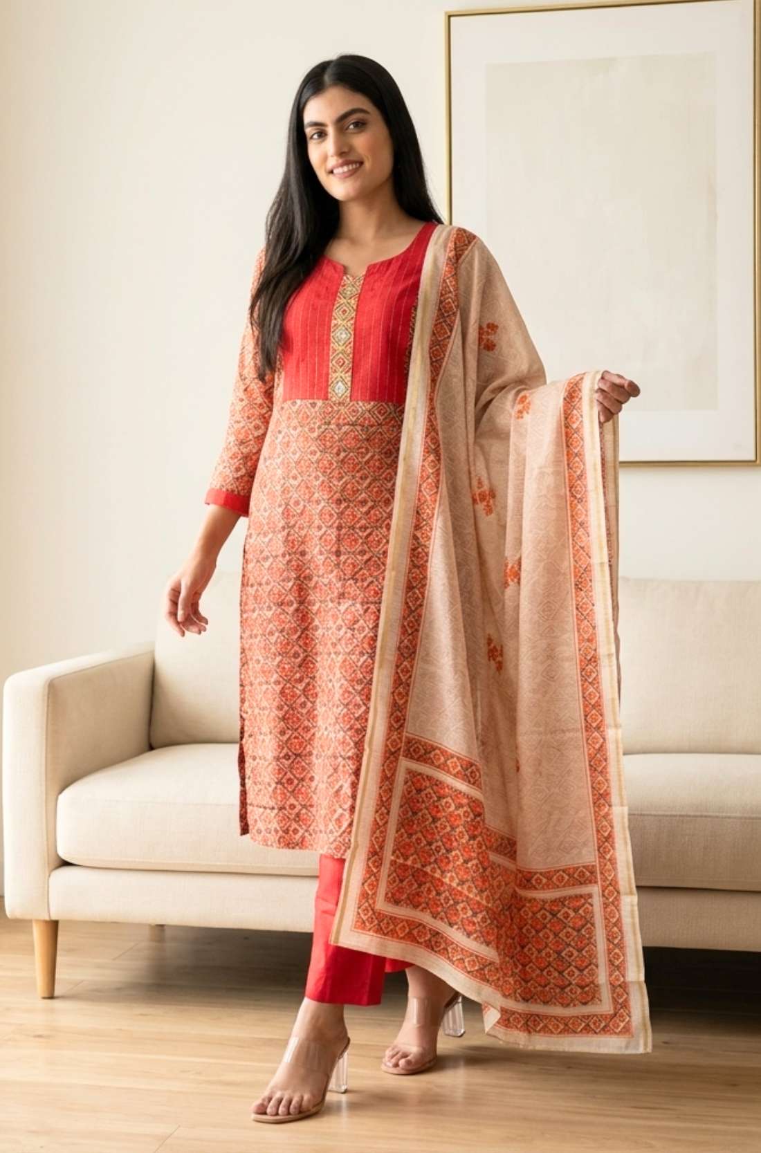 Front full length view of a woman wearing a red pashmina silk kurta set with embroidery and a dupatta