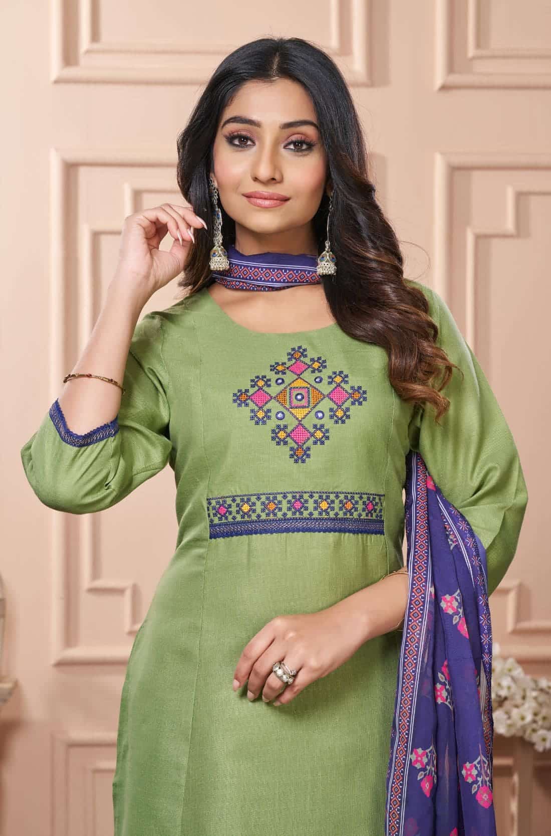 Cross Stitched Kurta Set For Women In Half Length Front View