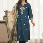 Front full length view of a model in a dark blue silk kurta set with aari embroidery and an chanderi dupatta