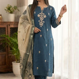 Full length front view of the straight-fit dark blue silk embroidered kurta set showcasing the complete traditional attire