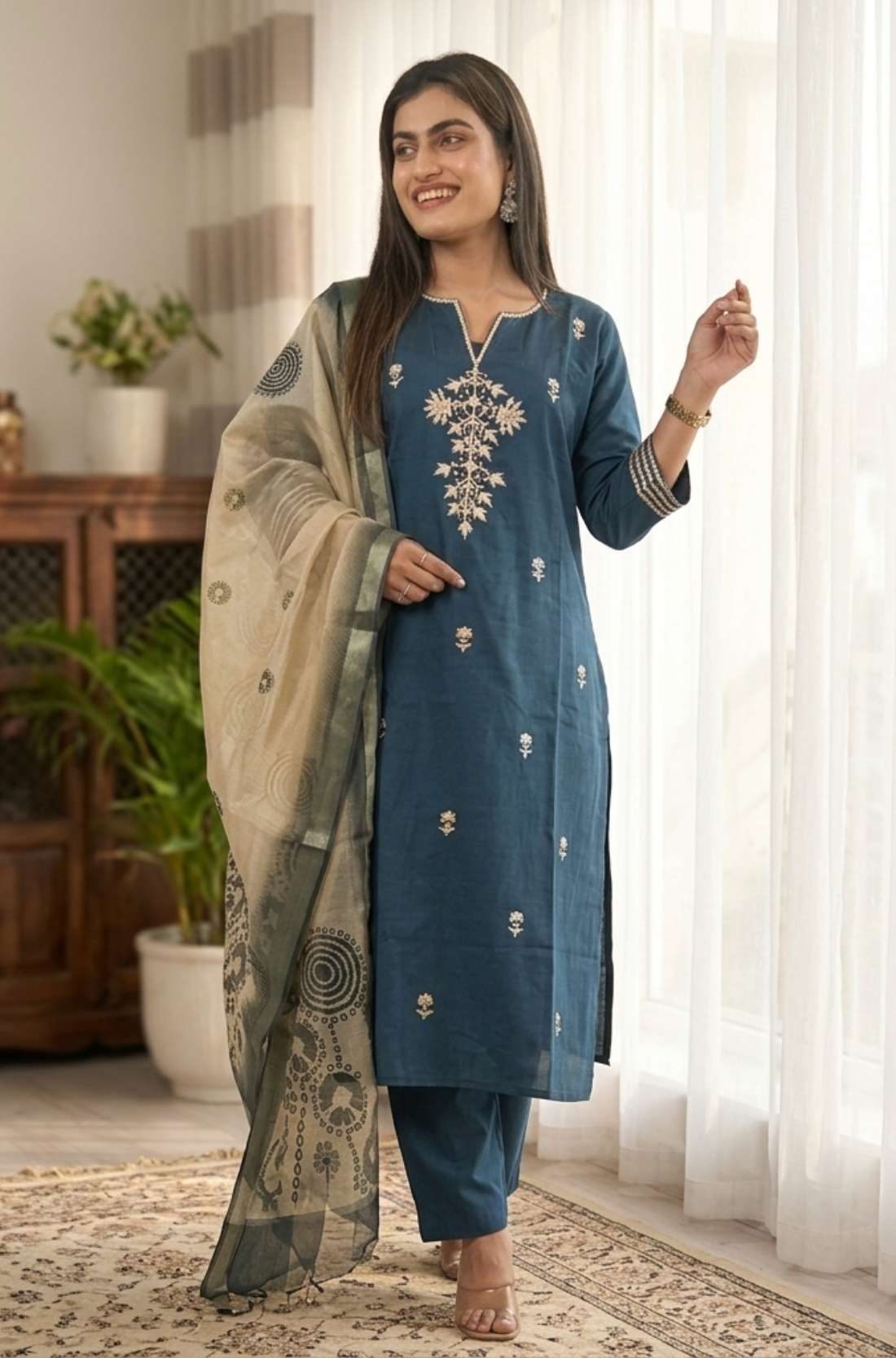 Full length front view of the straight-fit dark blue silk embroidered kurta set showcasing the complete traditional attire