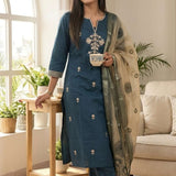 Angled view of a woman posing in a dark blue silk kurta set displaying the intricate pattern of the dupatta