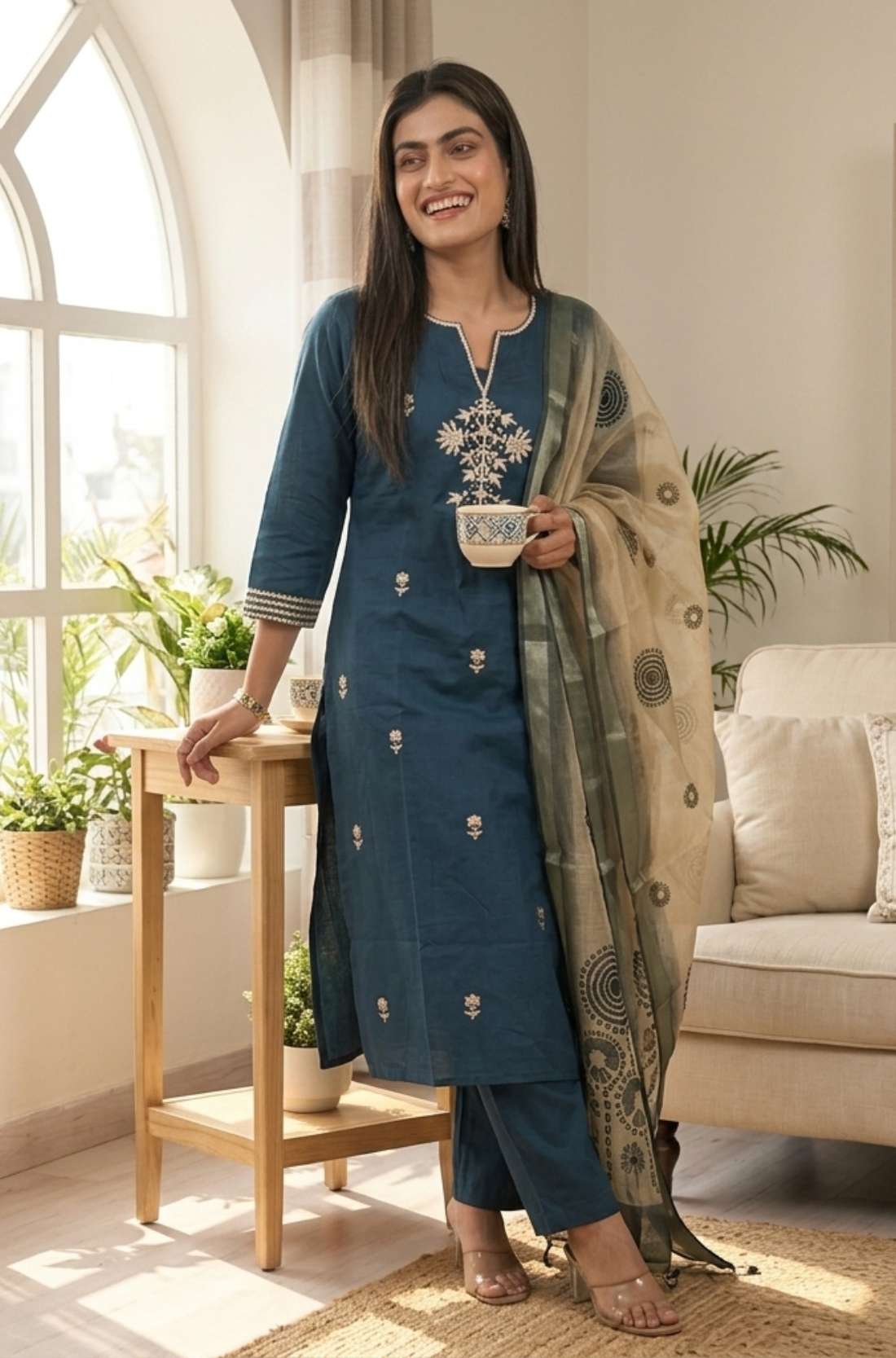 Angled view of a woman posing in a dark blue silk kurta set displaying the intricate pattern of the dupatta