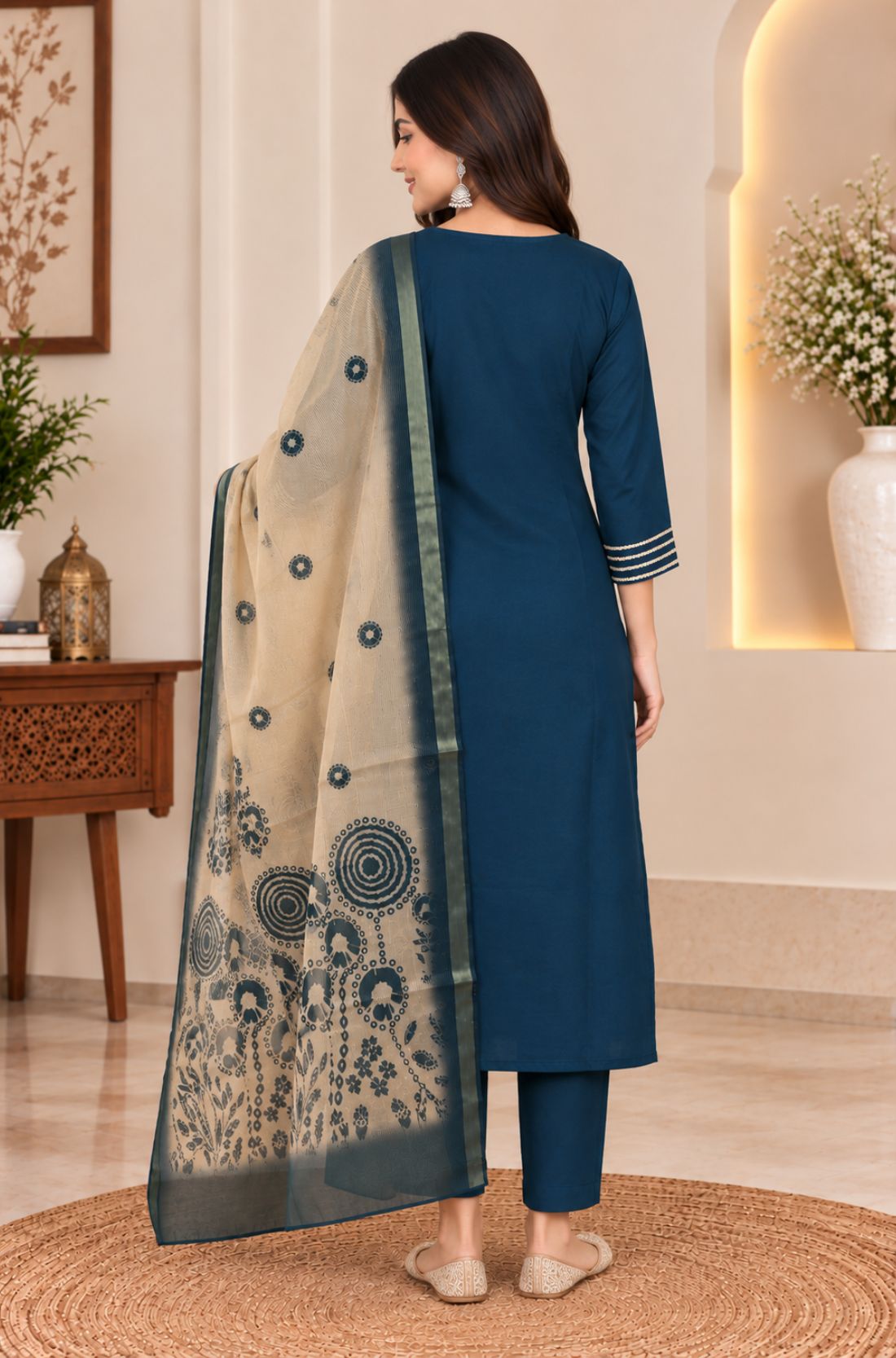 Back profile view of a model in a dark blue silk ethnic suit set with matching pants and a draped printed dupatta