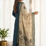 Side profile view of a model in a dark blue silk ethnic suit set with matching pants and a draped chanderi dupatta