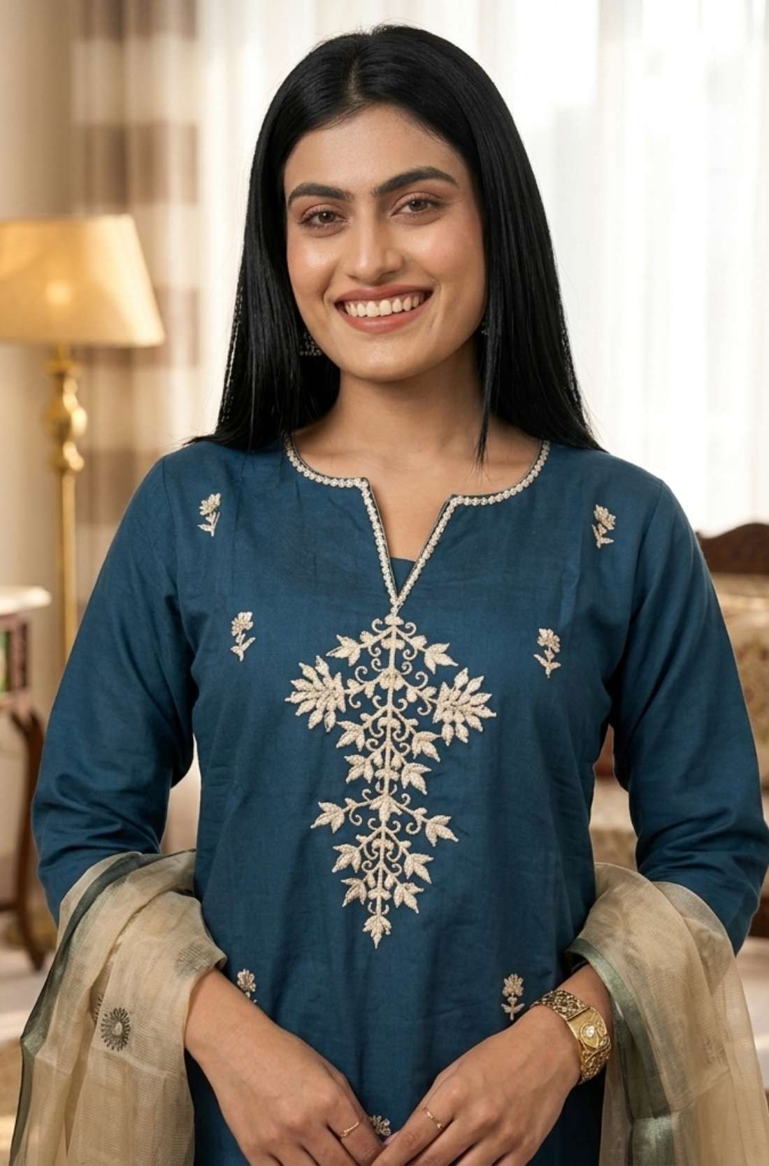 Detailed close-up shot of a premium dark blue silk kurta featuring intricate white aari work embroidery on the split-V neckline and front bodice, paired with an elegant chanderi dupatta.
