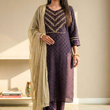 Front full length view of a model in a luxury dark purple crepe hand embroidered suit set with matching pants and an elegant printed dupatta