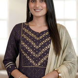 Detailed close up view of a premium dark purple crepe suit showcasing exquisite golden and metallic hand embroidery along the split crew neckline and front bodice.