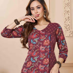 deep mudberry floral cotton kurta with Kantha-style threadwork, V-neck and three-quarter sleeves, shown in a front close-up.