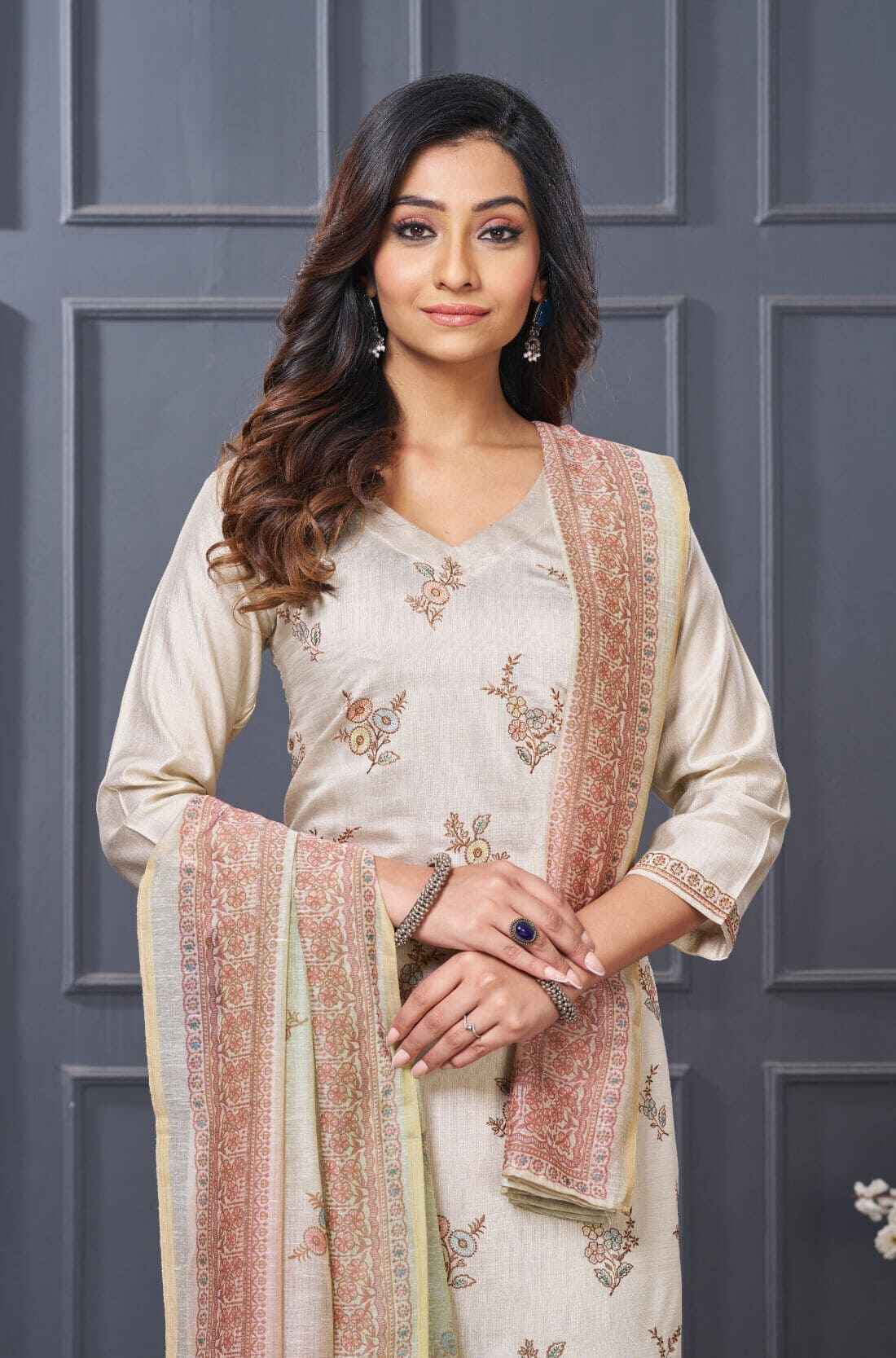 Close up of resham embroidered silk kurta with round V neck and elegant scalloped detailing