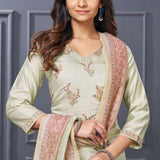 Front full length view of a model wearing a premium dark green silk kurta set featuring elegant scalloped borders and intricate thread embroidery, paired with a matching dupatta