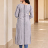 Back view of grey striped A-line cotton kurta with 3/4 sleeves