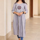 Grey A-line cotton kurta with circular embroidery and 3/4 sleeves, front view