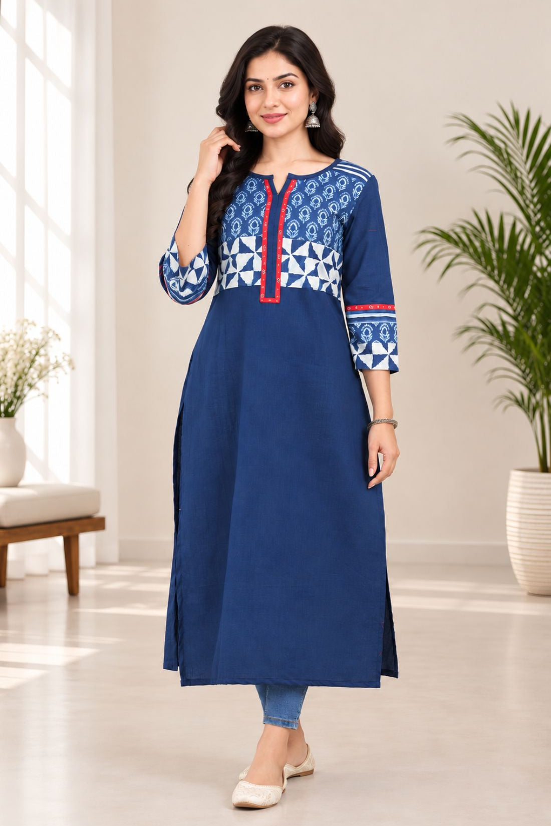 Full-length front view of a woman wearing a blue Indigo pure cotton straight kurti with a printed geometric yoke and red placket detail.