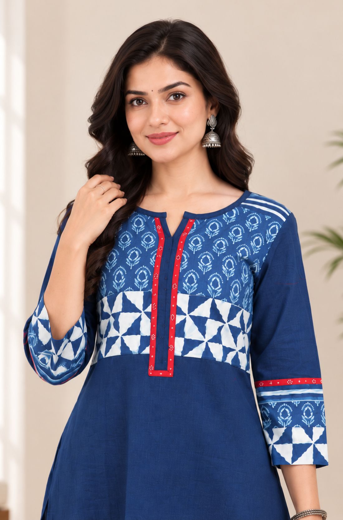 Close-up view highlighting the notch neck design, red trim, and block-printed pattern on the yoke and sleeves of the Indigo cotton kurti.