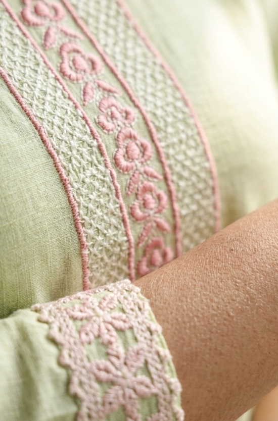 Close-up shot of light green fabric showing detailed pink floral embroidery on the neckline and sleeve cuffs.