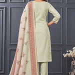 Back view of women's light green 3-piece silk blend kurta set with matching pants and printed dupatta.