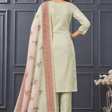 Back view of women's light green 3-piece silk blend kurta set with matching pants and printed dupatta.