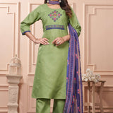 Side view of a model showcasing the straight silhouette, side slits, and comfortable trouser fit of a light green embroidered cotton kurta set paired with a draped patterned dupatta