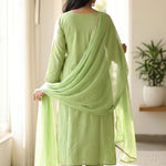 Back view of the straight fit light green embroidered kurta set showing the matching trousers and printed dupatta drape over the shoulder