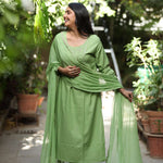 Light Green Embroidered Kurta Set with Dupatta Front View Flaring Dupatta.