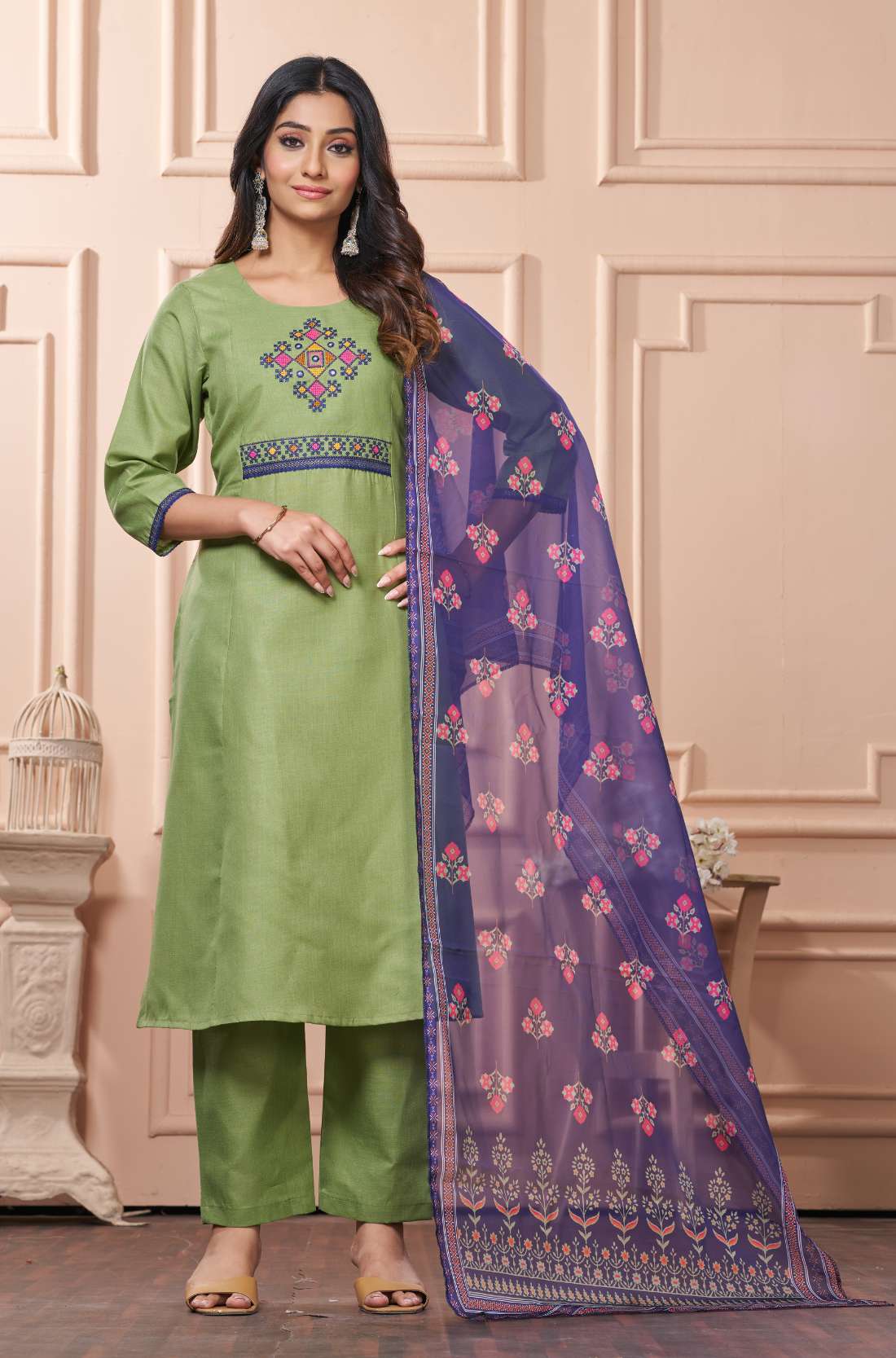 Light green cotton kurta set with purple printed contrast dupatta