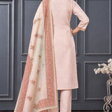 Back view of women’s light pink 3-piece silk blend kurta set with matching pants and printed dupatta.