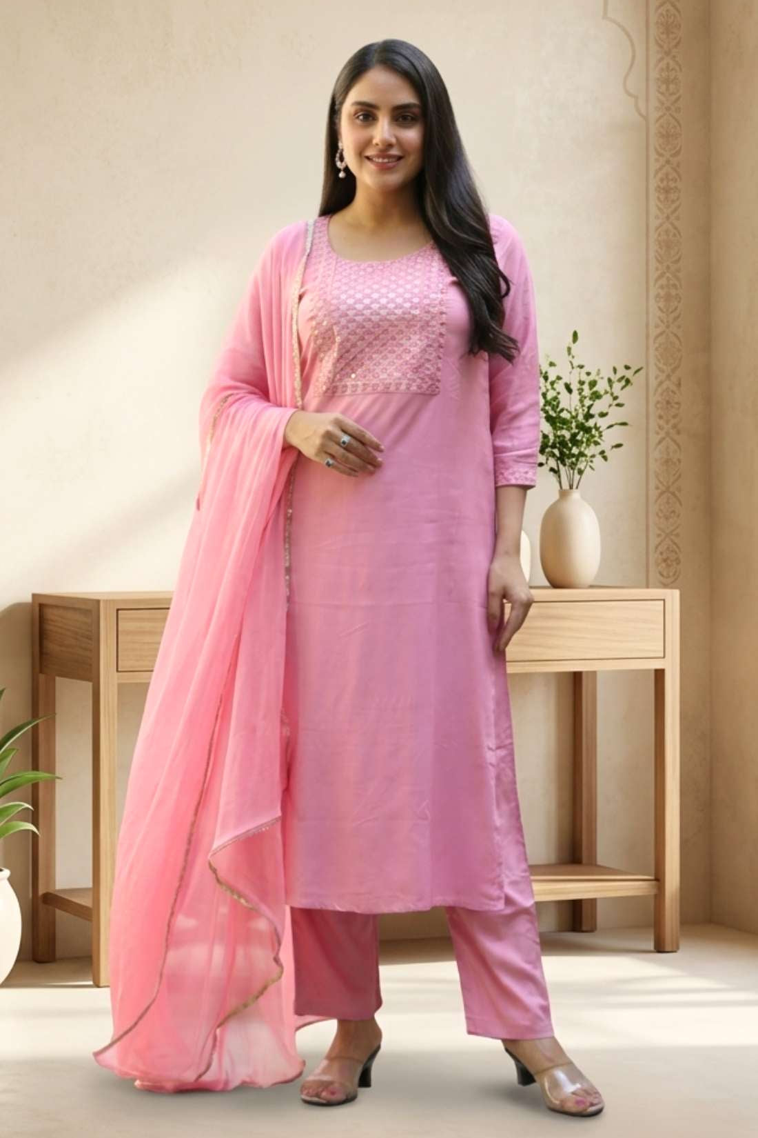 Front full length view of a woman wearing a light pink embroidered kurta set with straight pants and a matching printed dupatta