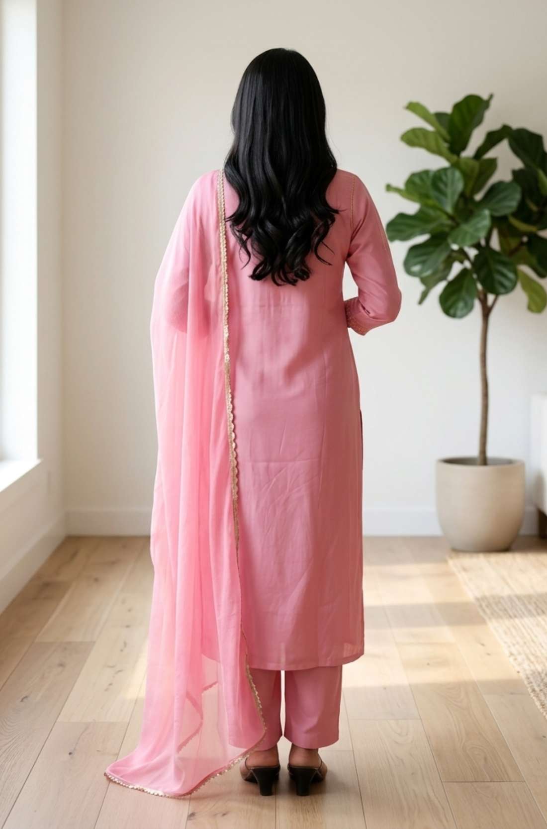 Back view of the straight fit light pink embroidered kurta set showing the matching trousers and printed dupatta drape over the shoulder