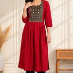 Maroon block print A-line kurta for women with hand embroidery, mirror work and 3/4 sleeves
