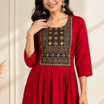 Maroon hand embroidered block print A-line rayon kurta for women with mirror work