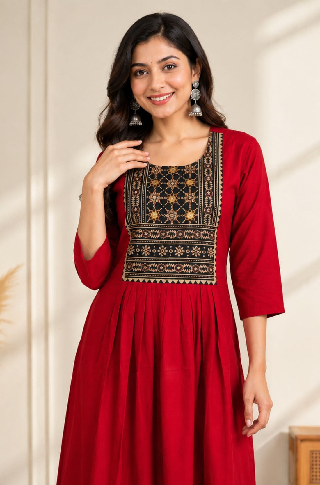 Maroon hand embroidered block print A-line rayon kurta for women with mirror work