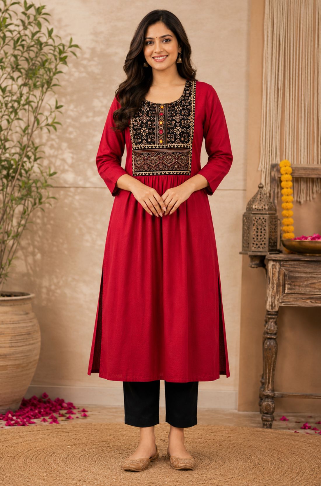 Woman wearing a maroon rayon A-line kurta with an embroidered yoke, shown in a full-length front view