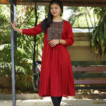 Maroon Rayon Embroidered Aline Kurta – Front View