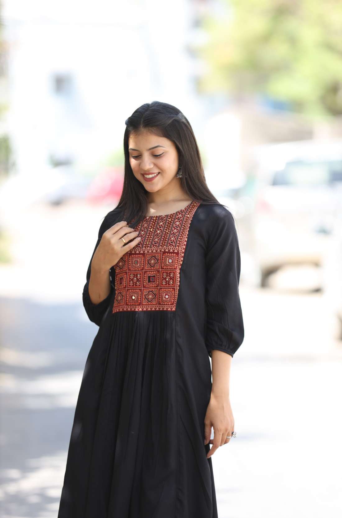Black Rayon Embroidered Aline Kurta – Front View