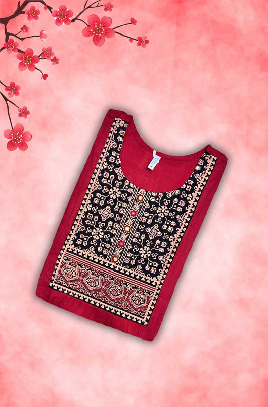 Maroon Unstitched Kurta Material – Hand Embroidered Block Printed