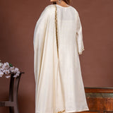 Back view of off white A-line kurta set with straight pants and gold-bordered chiffon dupatta