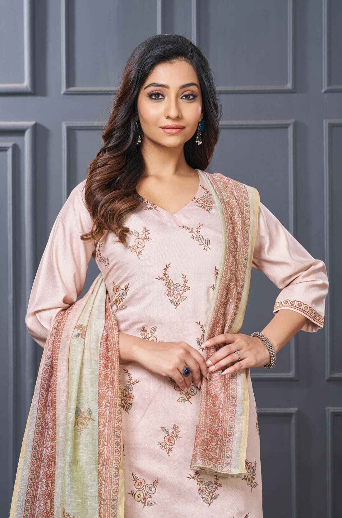 Light pink pastel scalloped embroidered silk kurta set with Chanderi printed dupatta front view