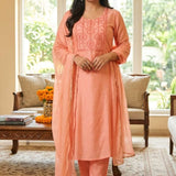Women's Peach Embroidered Kurta Set with Dupatta Front View