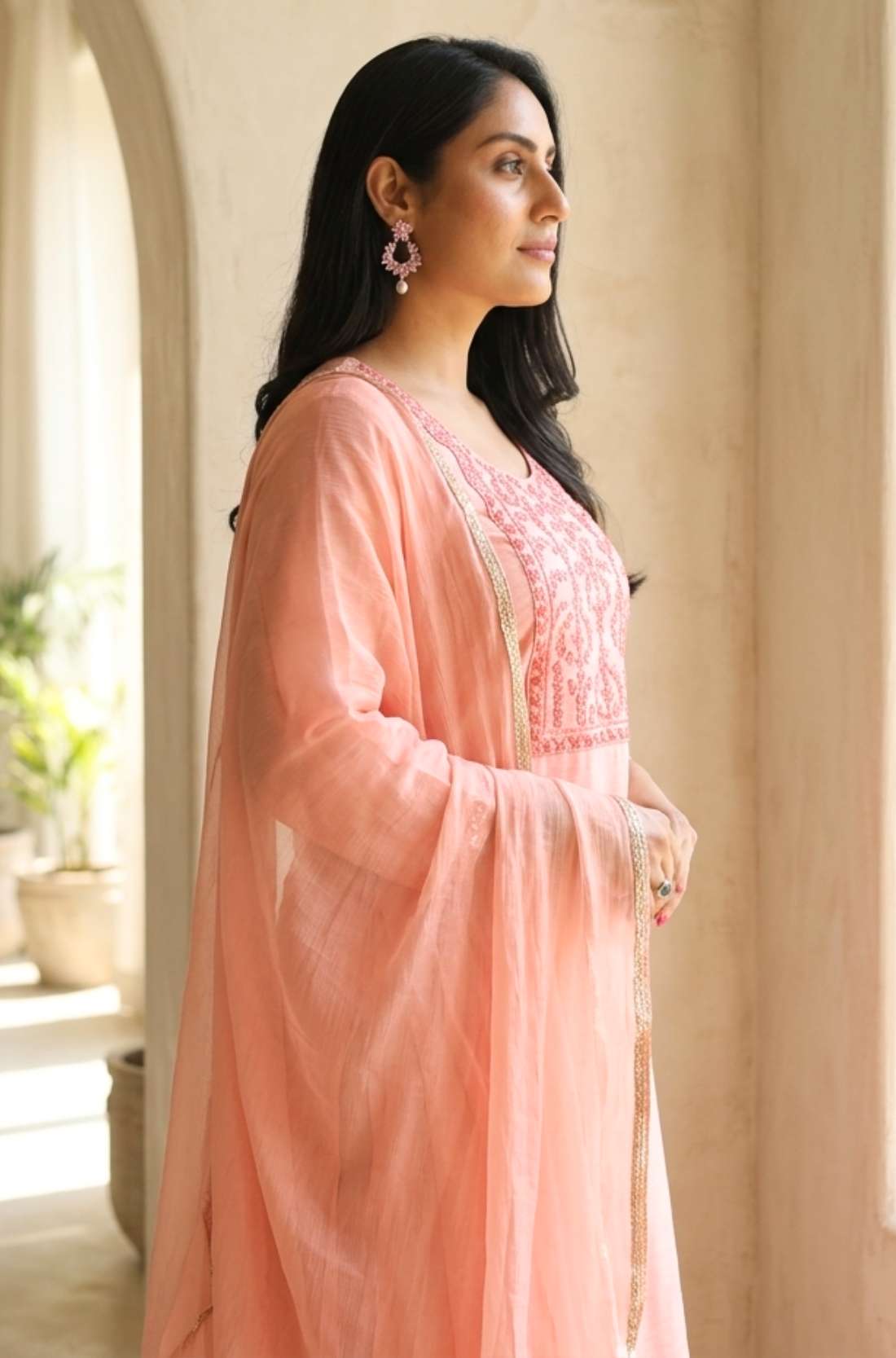 Women's Peach Embroidered Kurta Set with Dupatta Side Profile View
